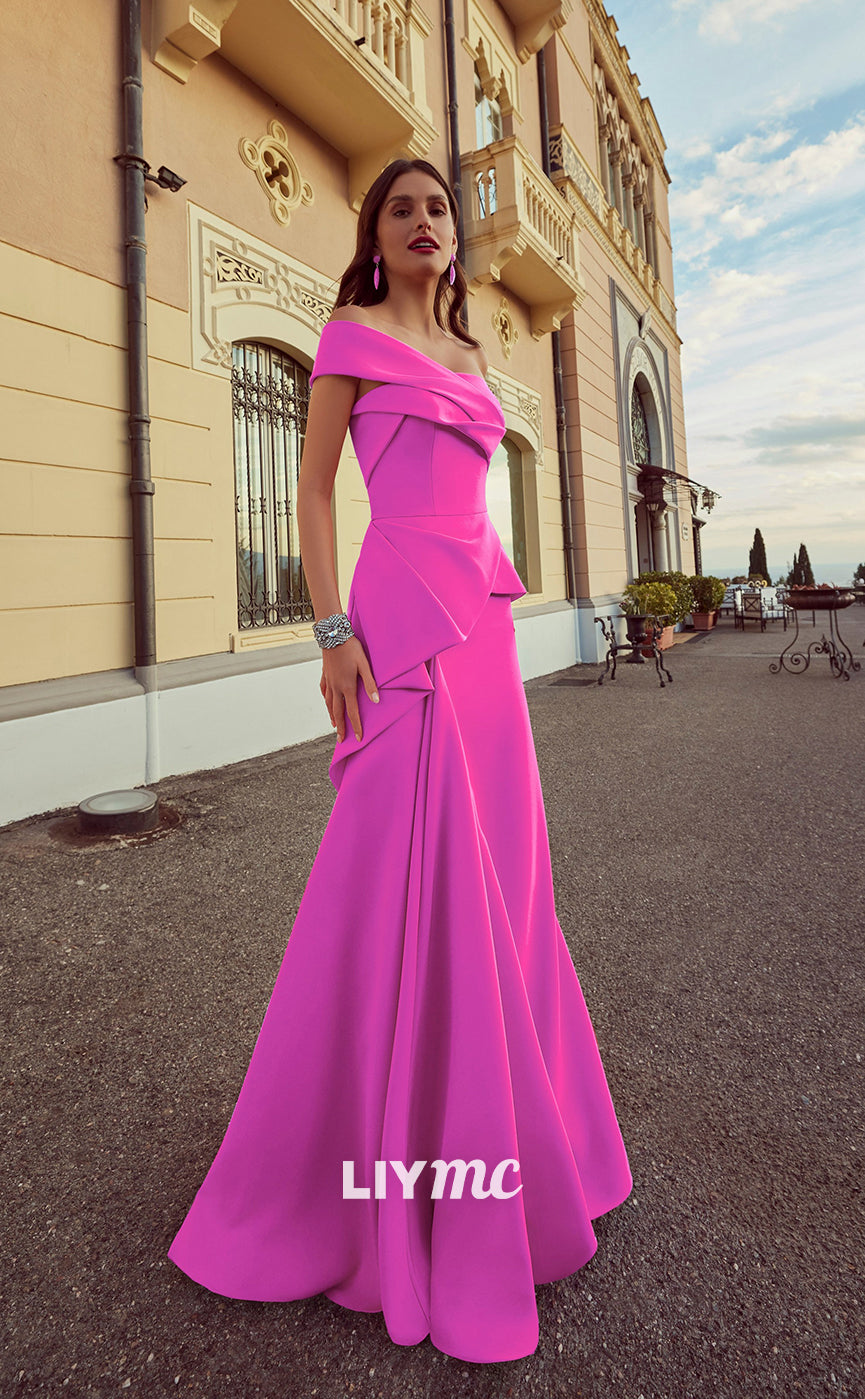 LP688 - A Line One Shoulder Sleeveless Satin Pleated Long Semi Formal Dress