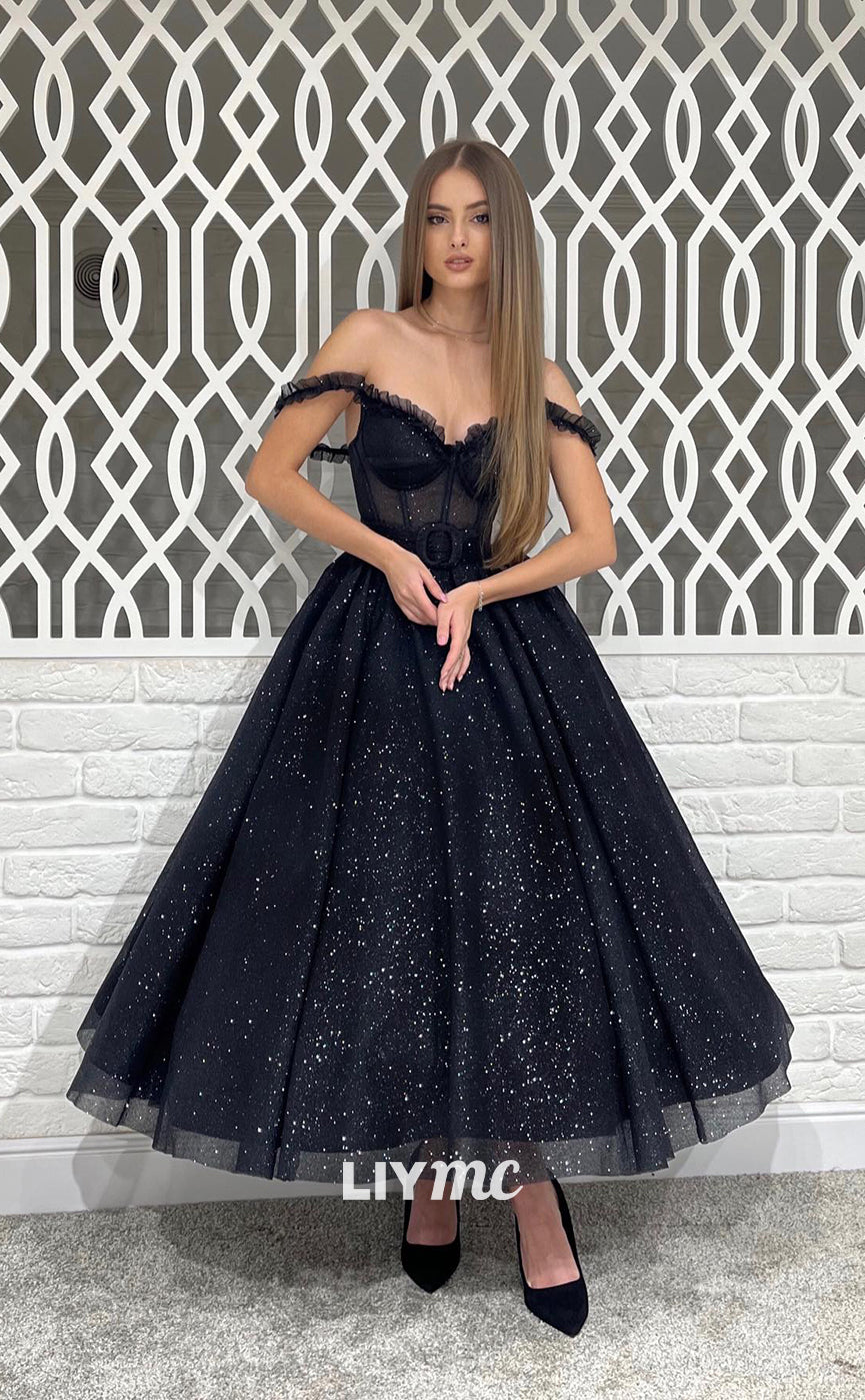 LP690 - Sparkly Off Shoulder Sheer Tulle A Line Long Prom Evening Dress