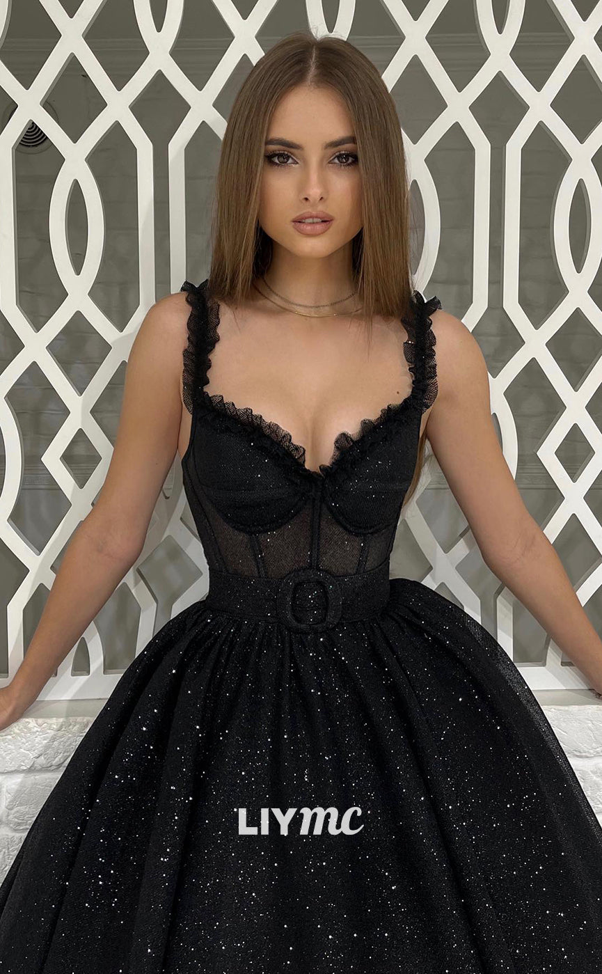 LP690 - Sparkly Off Shoulder Sheer Tulle A Line Long Prom Evening Dress