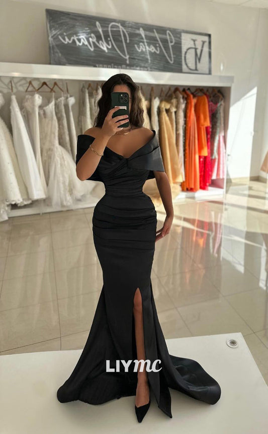 LP691 - Mermaid/Trumpet Off Shoulder Satin Pleated Long Prom Evening Dress