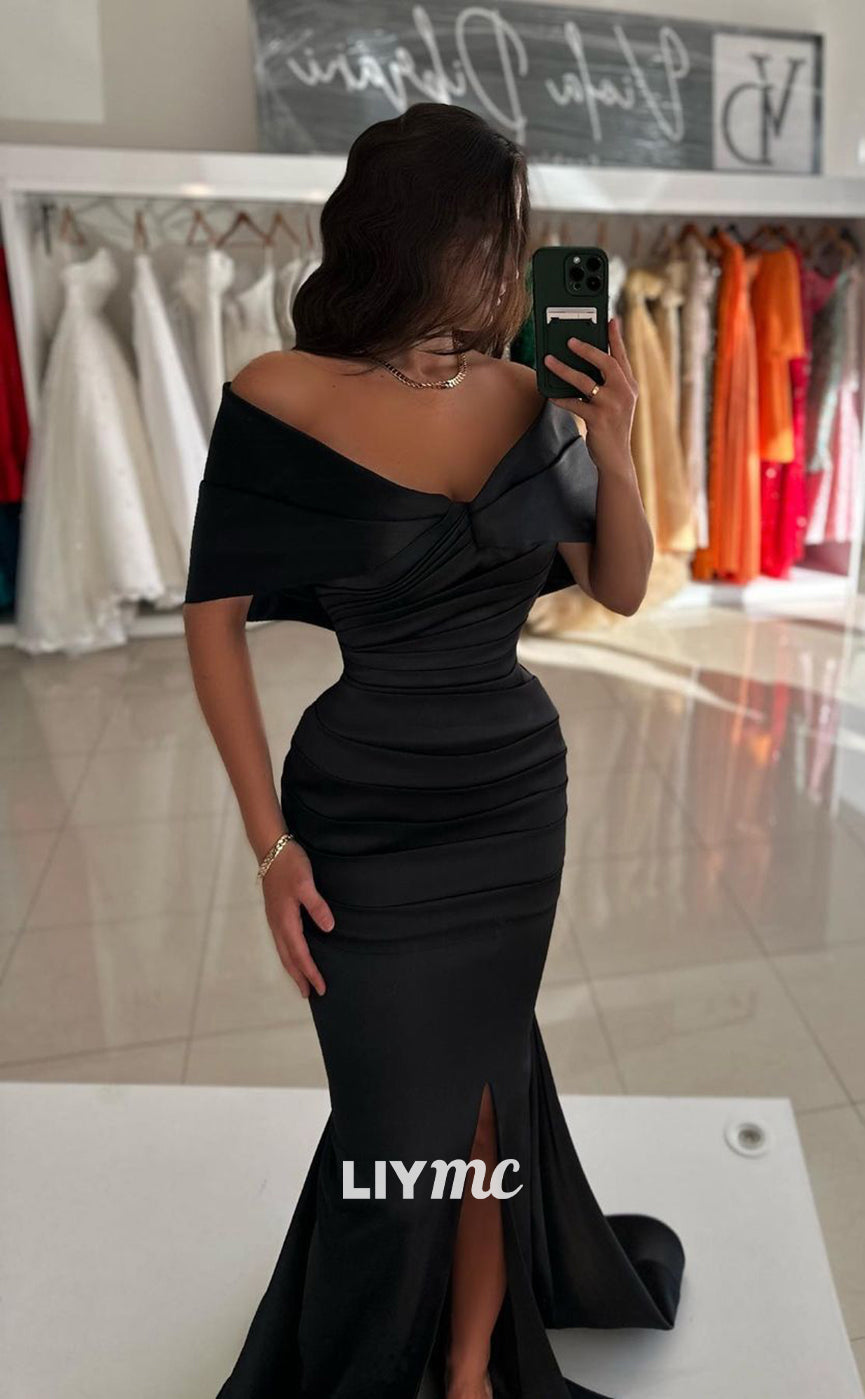 LP691 - Mermaid/Trumpet Off Shoulder Satin Pleated Long Prom Evening Dress