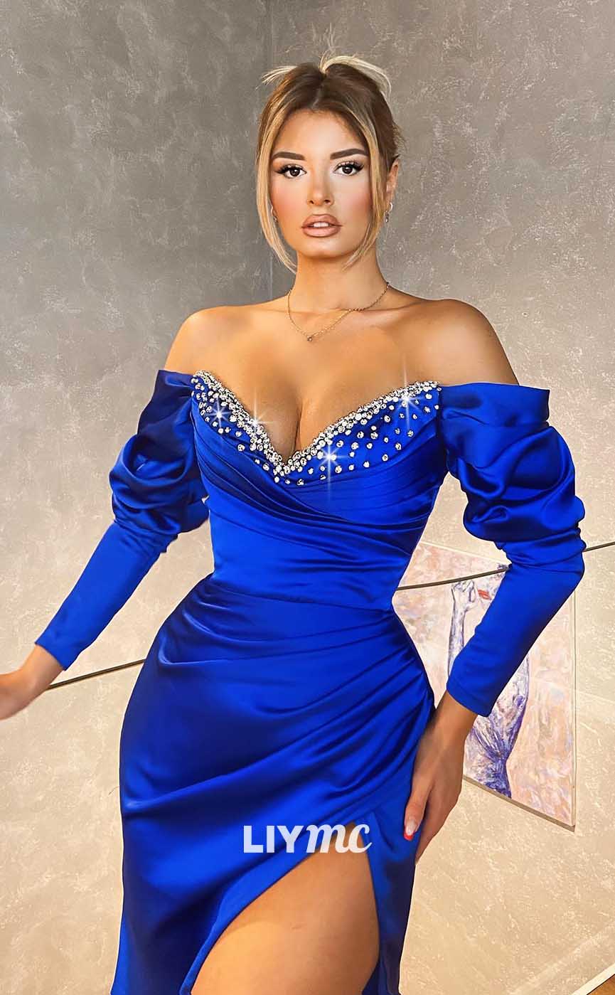 LP716 - Chic Off Shoulder Beaded Satin Pleated Mermaid Long Prom Evening Dress