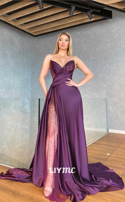 LP725 - V Neck Strapless Sequins Satin Pleated Sheath Long Prom Evening Dress