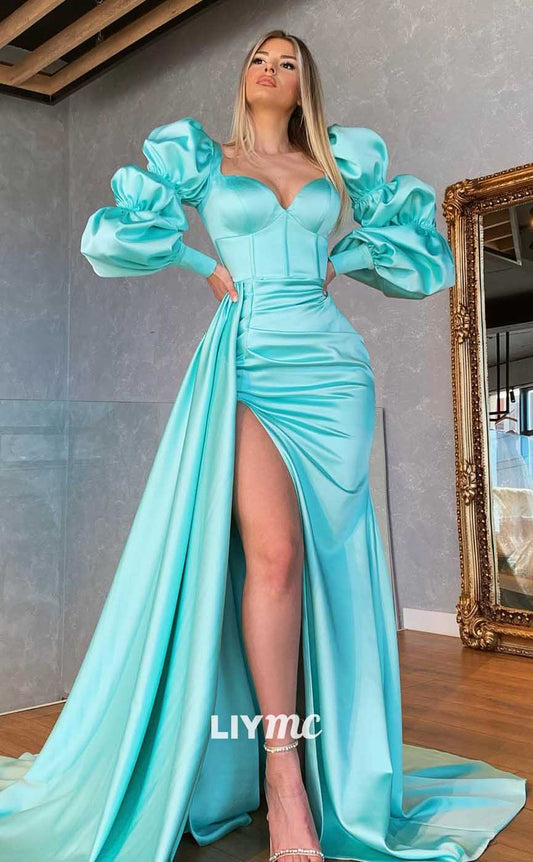 LP732 - Sweetheart Puff Sleeves Satin Pleated Mermaid Long Prom Evening Dress