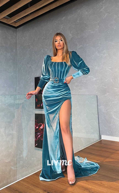 LP739 - Square Neck Long Sleeves Velvet Mermaid Prom Evening Dress With Slit