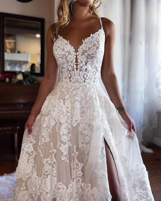 LW055 - A Line Spaghetti Straps Lace Side Slit Boho Long Wedding Dress