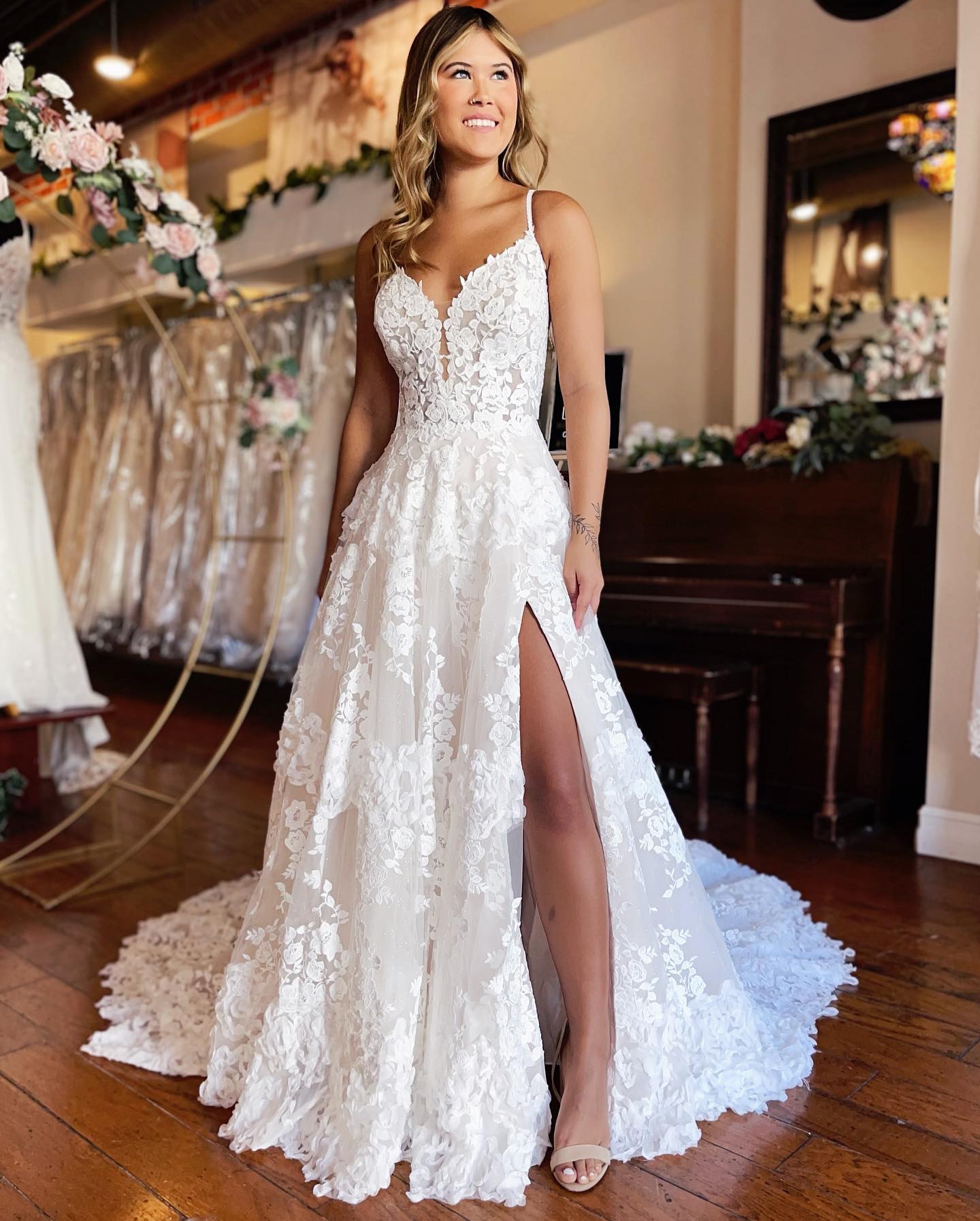 LW055 - A Line Spaghetti Straps Lace Side Slit Boho Long Wedding Dress