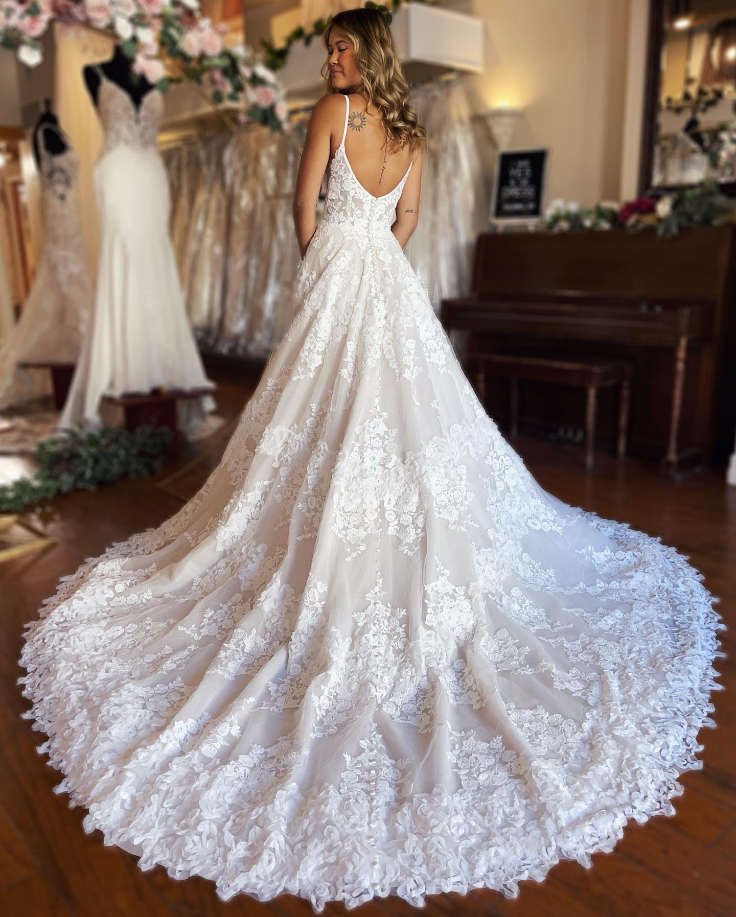 LW055 - A Line Spaghetti Straps Lace Side Slit Boho Long Wedding Dress