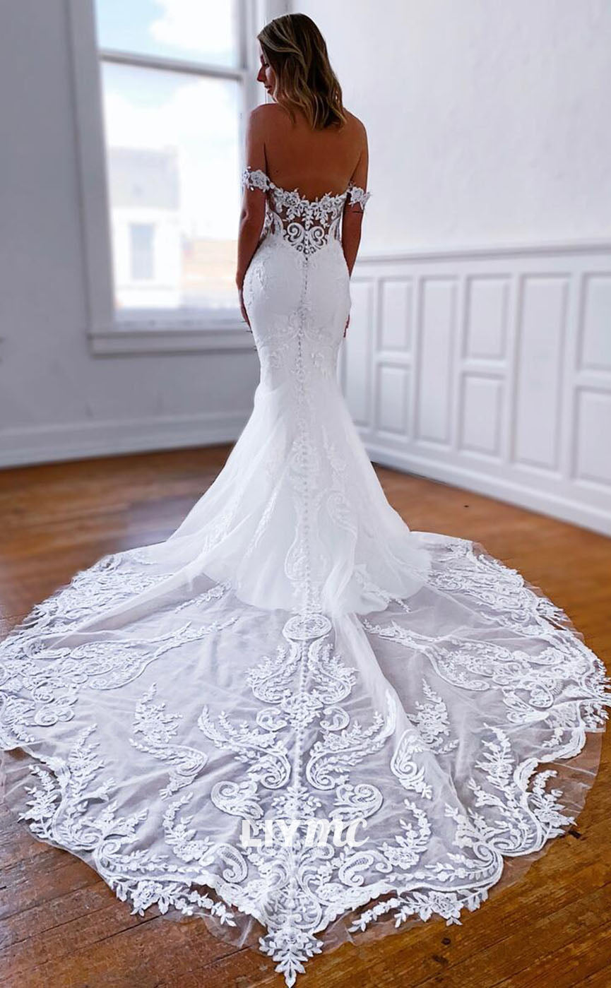 off shoulder lace satin wedding dress Off-Shoulder Lace Long-Sleeves Bride Gowns Sleek Satin Mermaid Wedding Laxag