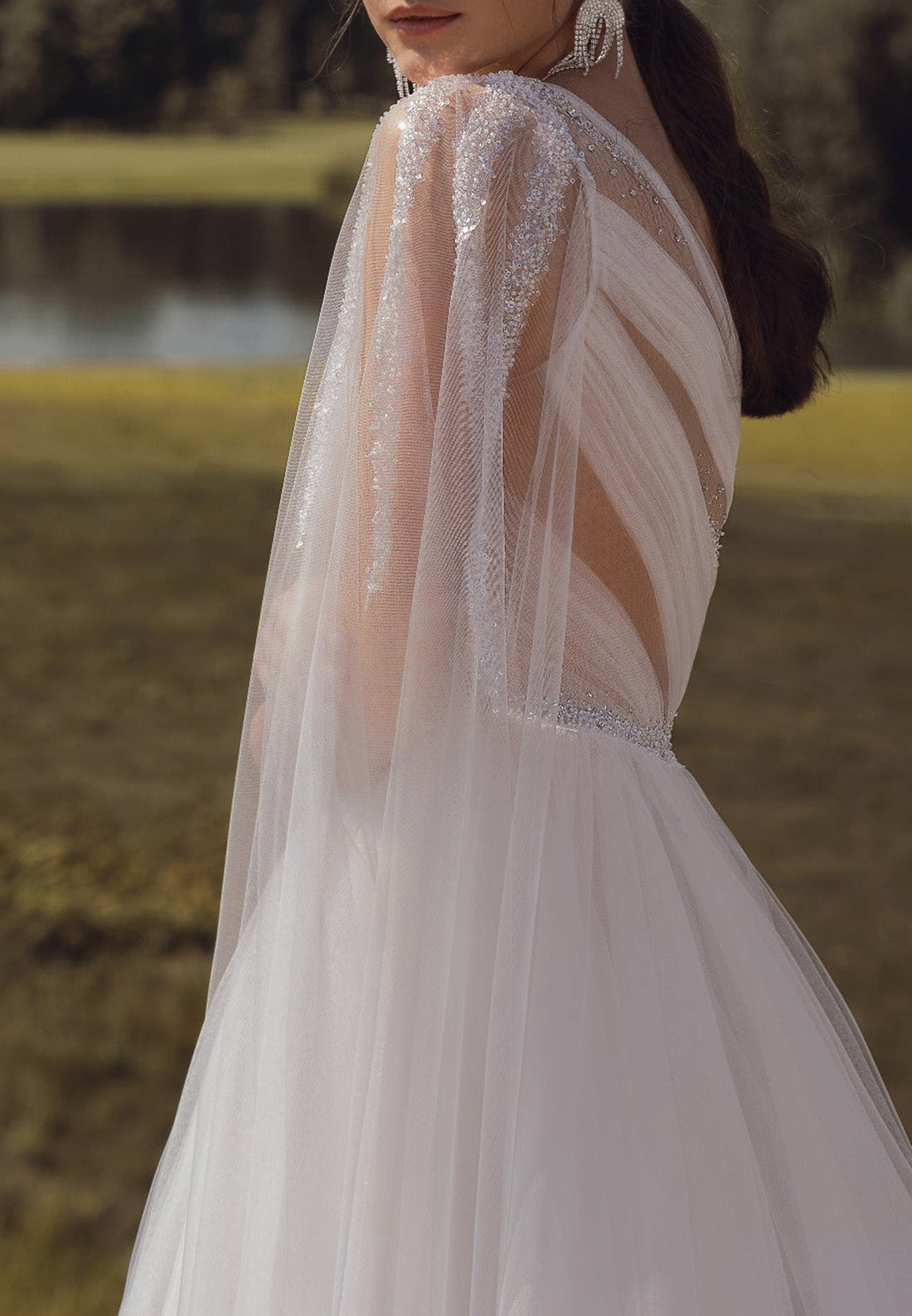 LW087 - A Line One Shoulder Beaded Sheer Pleated Tulle Long Wedding Dr Liymc LW087 - A Line One Shoulder Beaded Sheer Pleated Tulle Long Wedding Dr Liymc