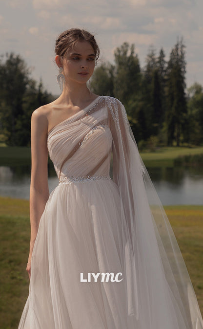 LW087 - A Line One Shoulder Beaded Sheer Pleated Tulle Long Wedding Dress