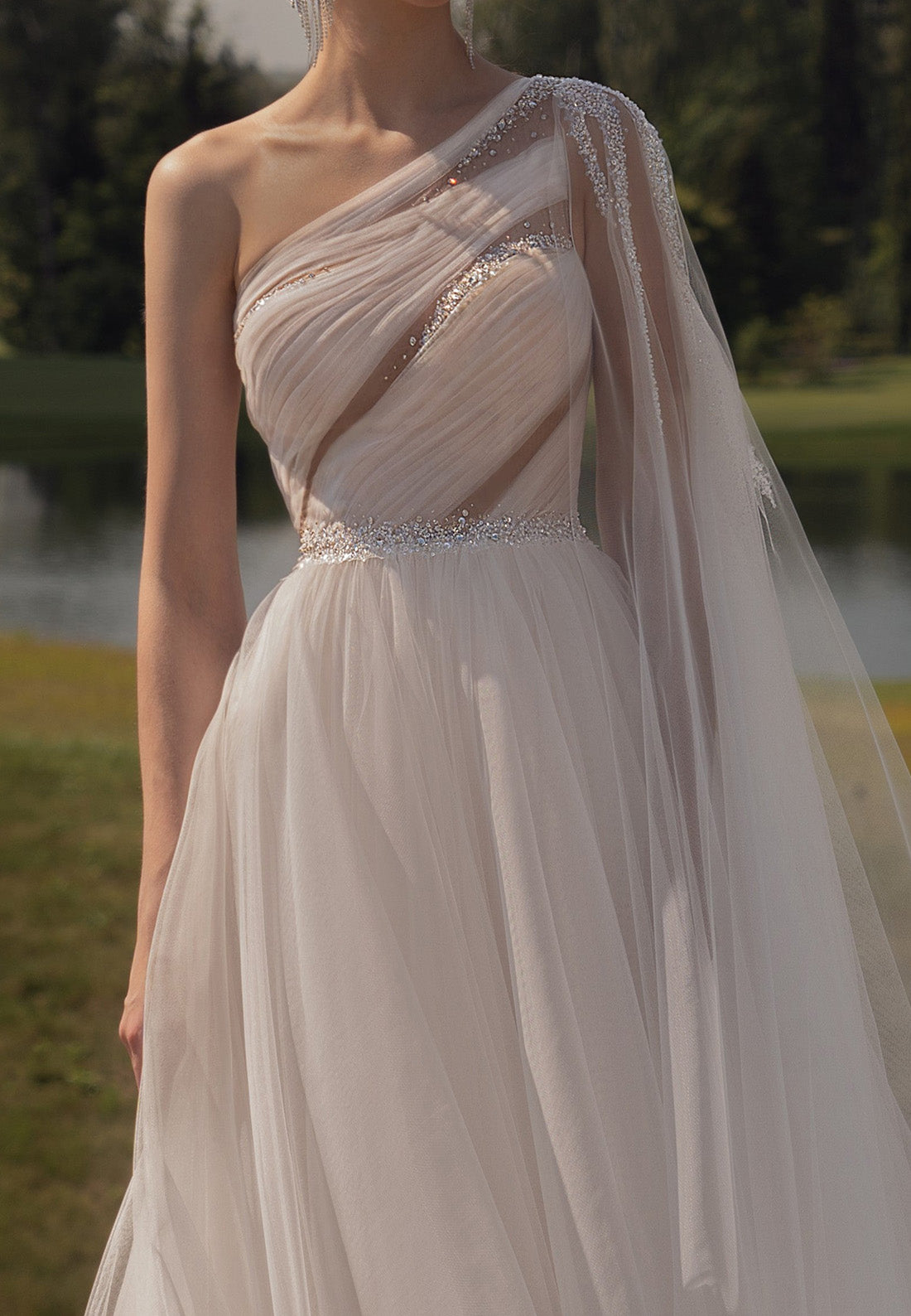 sheer one shoulder wedding dress One-Sleeve A-Line Wedding Dress in Wrinkled Organza Liam 4US/36FR/8UK / Milk+nude