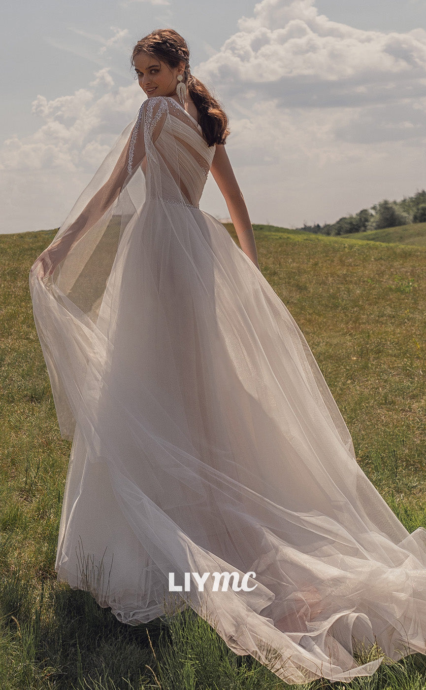 LW087 - A Line One Shoulder Beaded Sheer Pleated Tulle Long Wedding Dress