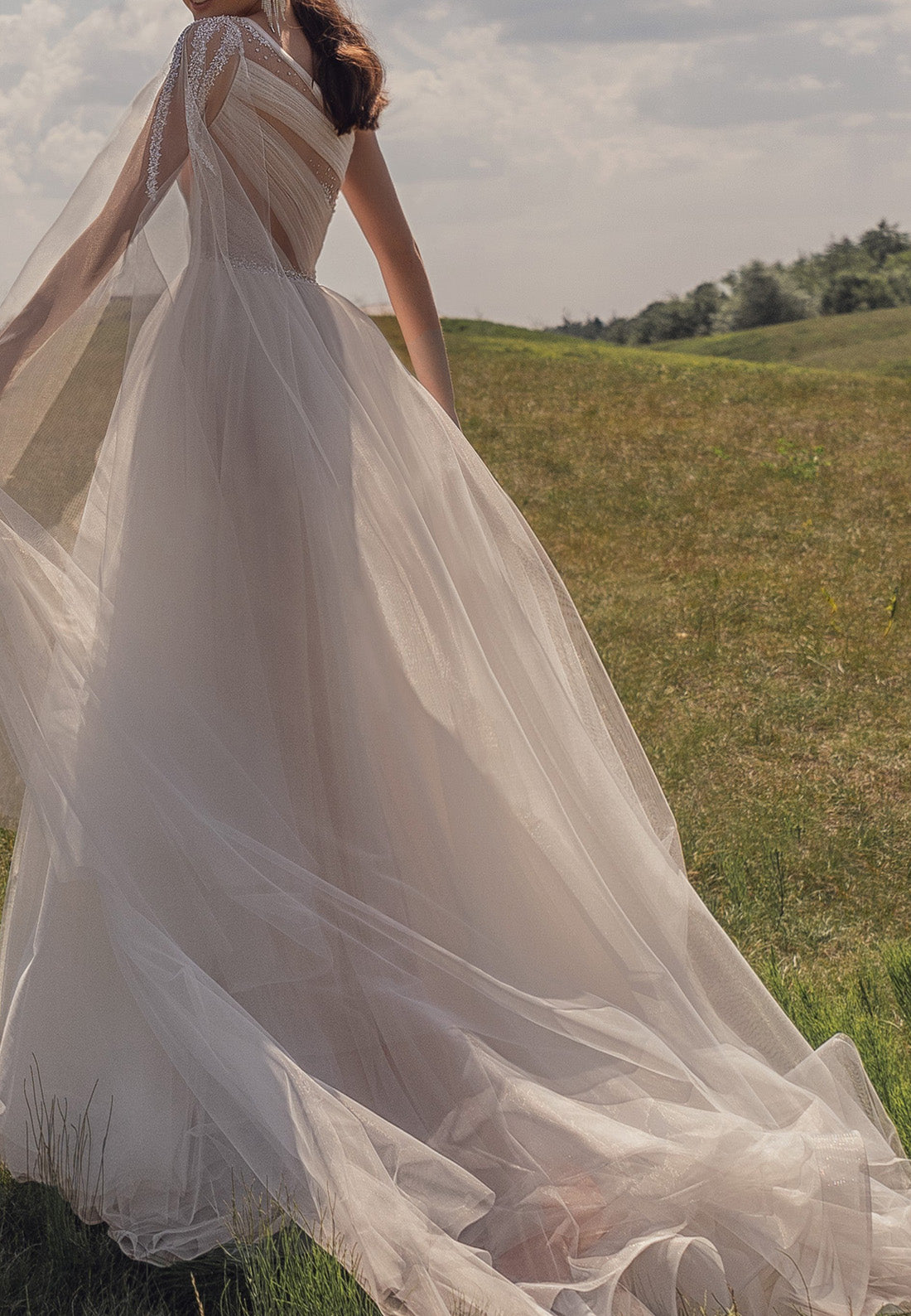LW087 - A Line One Shoulder Beaded Sheer Pleated Tulle Long Wedding Dress