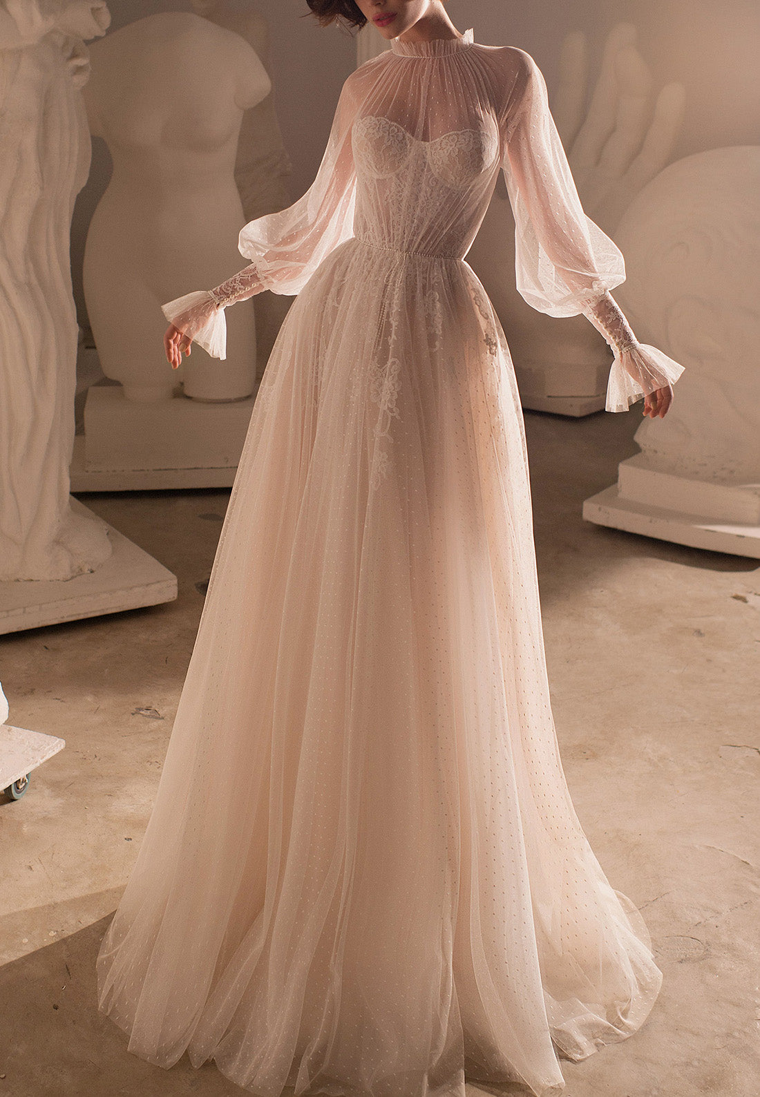 LW088 - Elegant A Line High Neck Long Sleeves Sheer Lace Tulle Long Wedding Dress