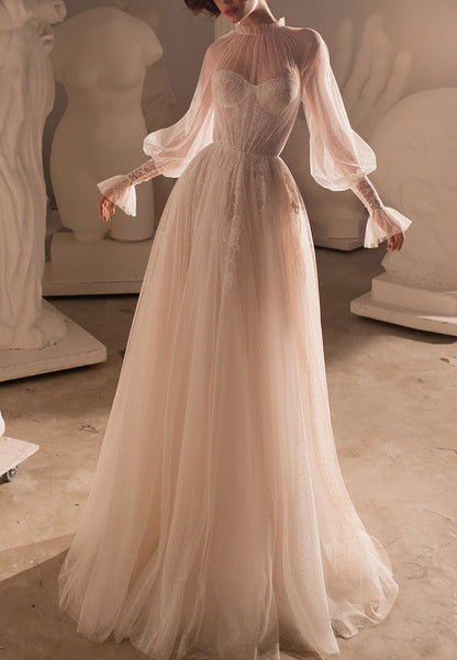 LW088 - Elegant A Line High Neck Long Sleeves Sheer Lace Tulle Long Wedding Dress