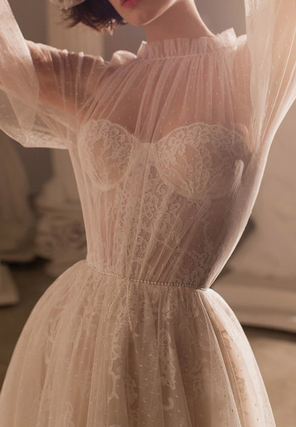 LW088 - Elegant A Line High Neck Long Sleeves Sheer Lace Tulle Long Wedding Dress
