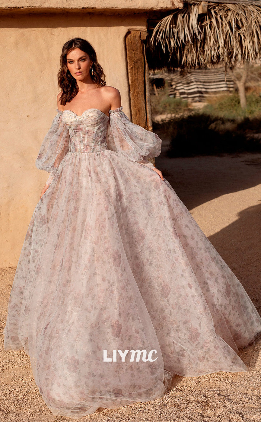 LW097 - A Line Sweetheart Long Sleeves Ruched Floral Tulle Long Wedding Dress