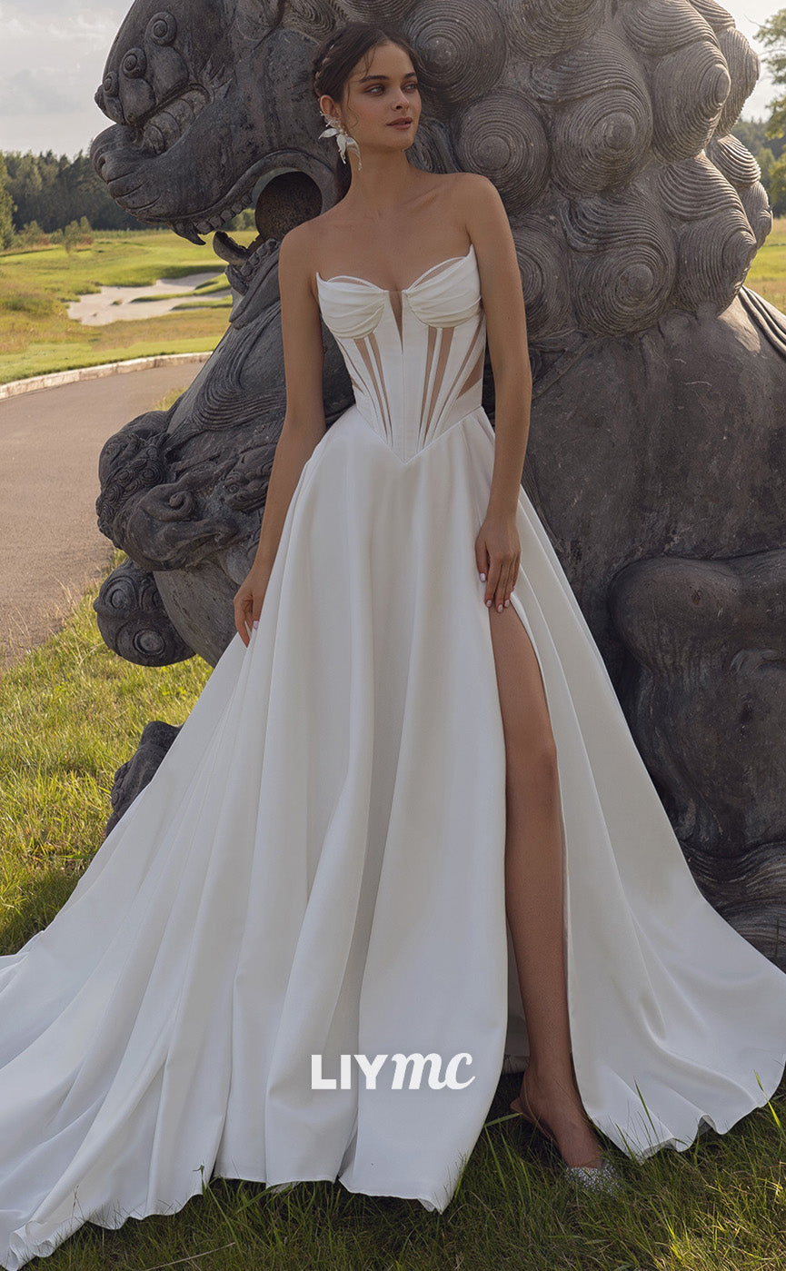 LW099 - A Line Illusion Strapless Cut Outs Pleated Satin Long Wedding Dress With Slit