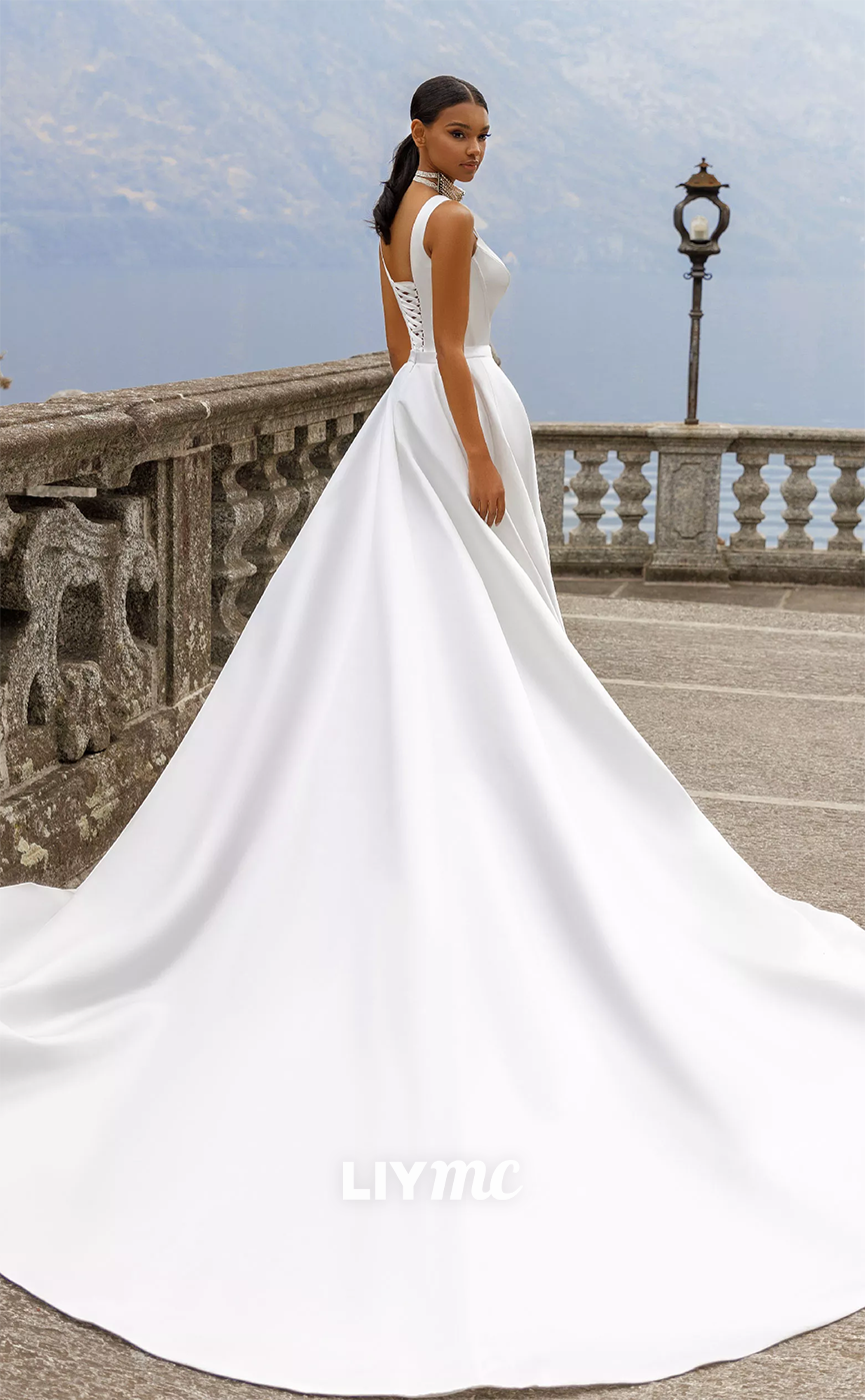 LW104 - A Line Square Neck Satin Lone Wedding Dress With Removable Train