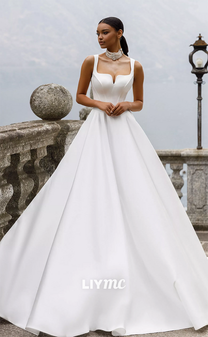 LW104 - A Line Square Neck Satin Lone Wedding Dress With Removable Train