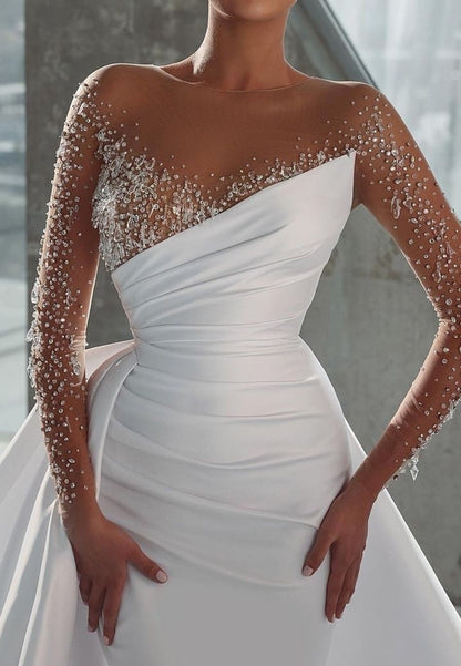 V-Neck Long Sleeves Beaded Sheath Sparkly Wedding Dress