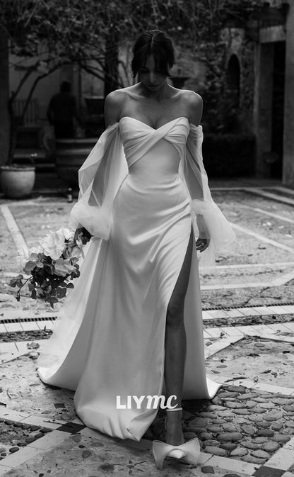 LW137 - Sheath/Column Off Shoulder Tulle Satin Long Wedding Dress With Side Slit