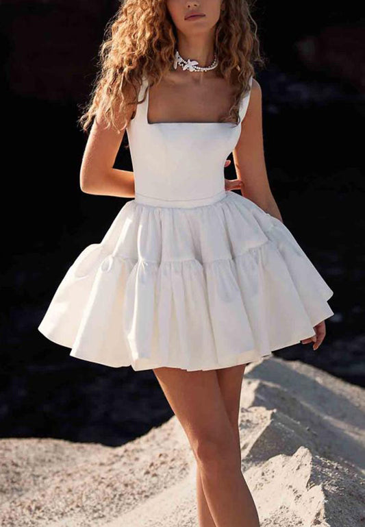 Square Sleeveless Pleated Satin Short Beach Wedding Dress