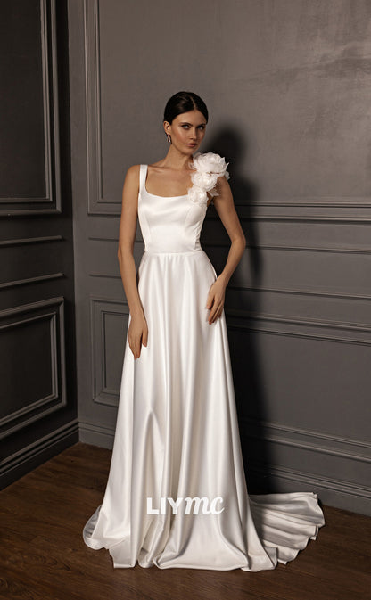 LW153 - A Line Square Neck Pleated Satin Floral Appliqued Long Wedding Dress