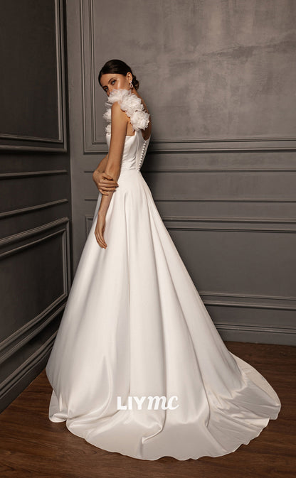 LW153 - A Line Square Neck Pleated Satin Floral Appliqued Long Wedding Dress