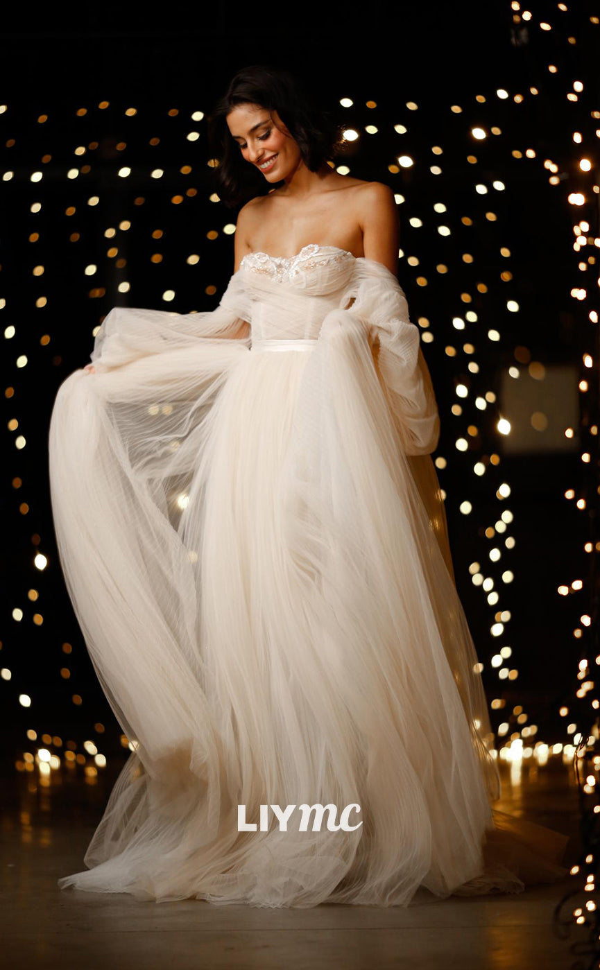 LW174 - A Line Off Shoulder Long Sleeves Appliqued Ruched Tulle Long Wedding Dress