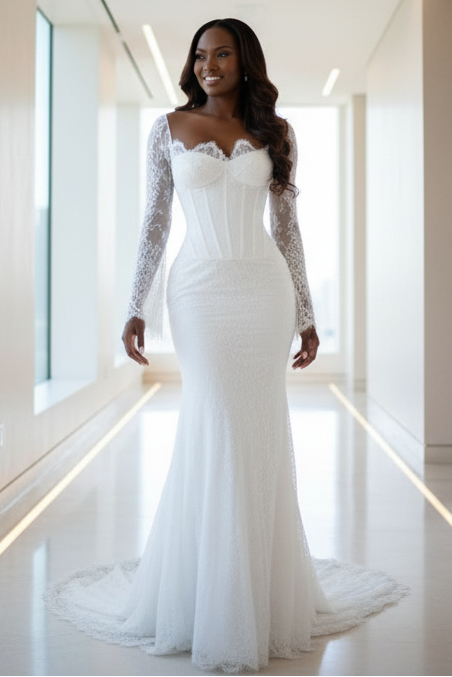 Lace Corset Mermaid Wedding Dress with Long Sheer Sleeves and Sweep Train