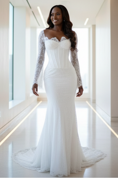 Lace Corset Mermaid Wedding Dress with Long Sheer Sleeves and Sweep Train