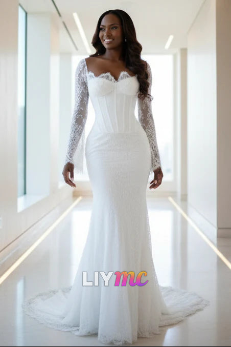 Lace Corset Mermaid Wedding Dress with Long Sheer Sleeves and Sweep Train