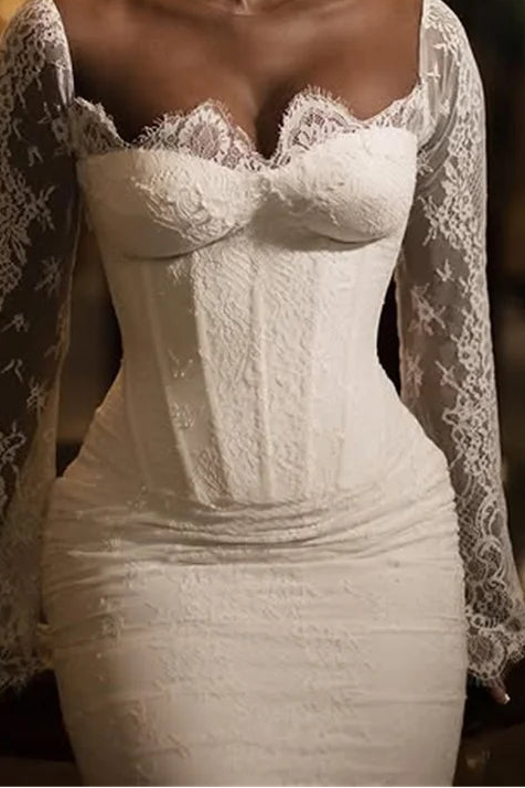Lace Corset Mermaid Wedding Dress with Long Sheer Sleeves and Sweep Train