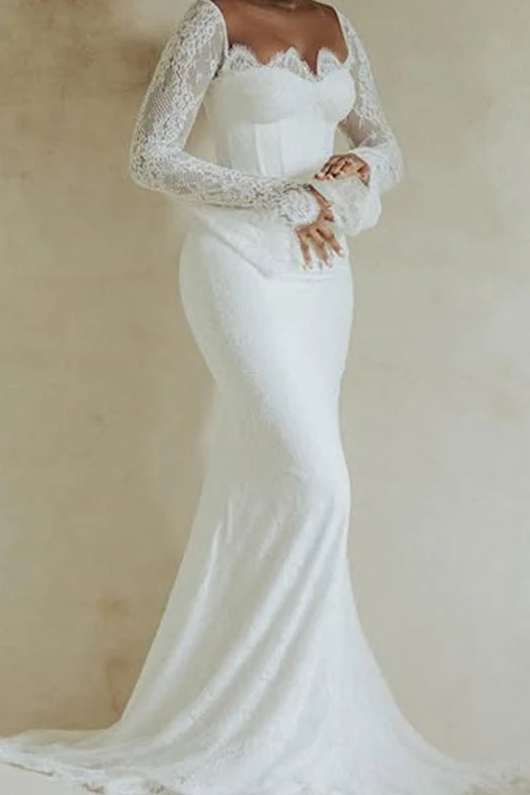 Lace Corset Mermaid Wedding Dress with Long Sheer Sleeves and Sweep Train