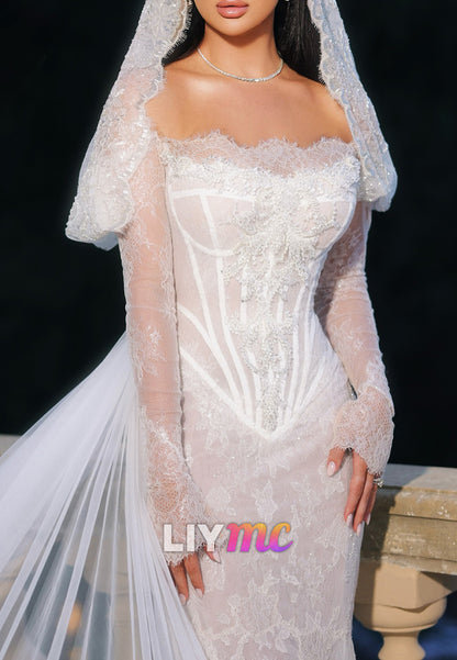 Lace Appliques Mermaid Off-Shoulder Long Sleeves Wedding Dress
