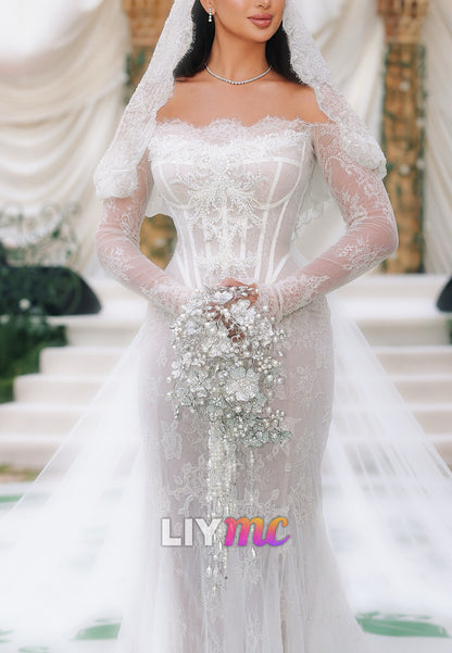 Lace Appliques Mermaid Off-Shoulder Long Sleeves Wedding Dress