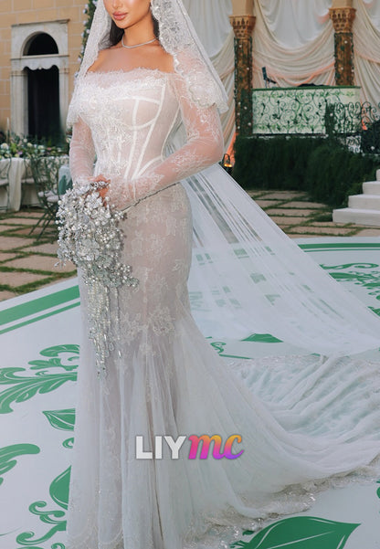 Lace Appliques Mermaid Off-Shoulder Long Sleeves Wedding Dress