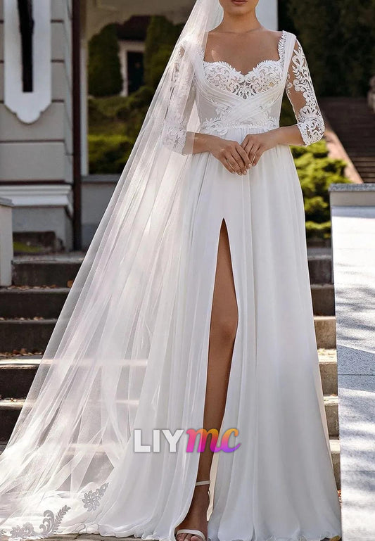 Sweetheart Wedding Dresses Side Split Long Sleeves A-Line Chiffon Bride Gowns
