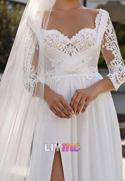 Sweetheart Wedding Dresses Side Split Long Sleeves A-Line Chiffon Bride Gowns