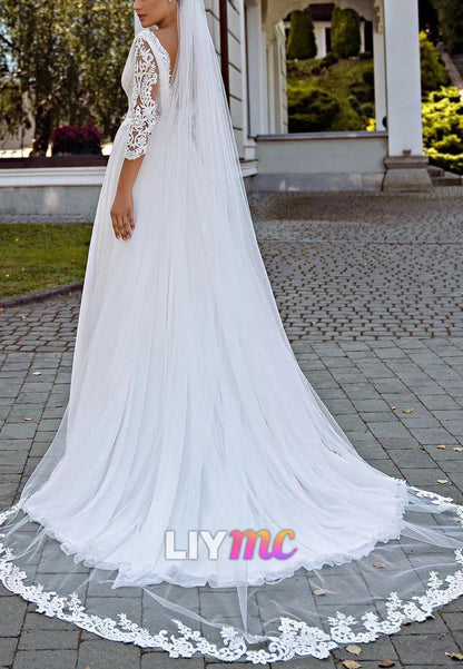 Sweetheart Wedding Dresses Side Split Long Sleeves A-Line Chiffon Bride Gowns