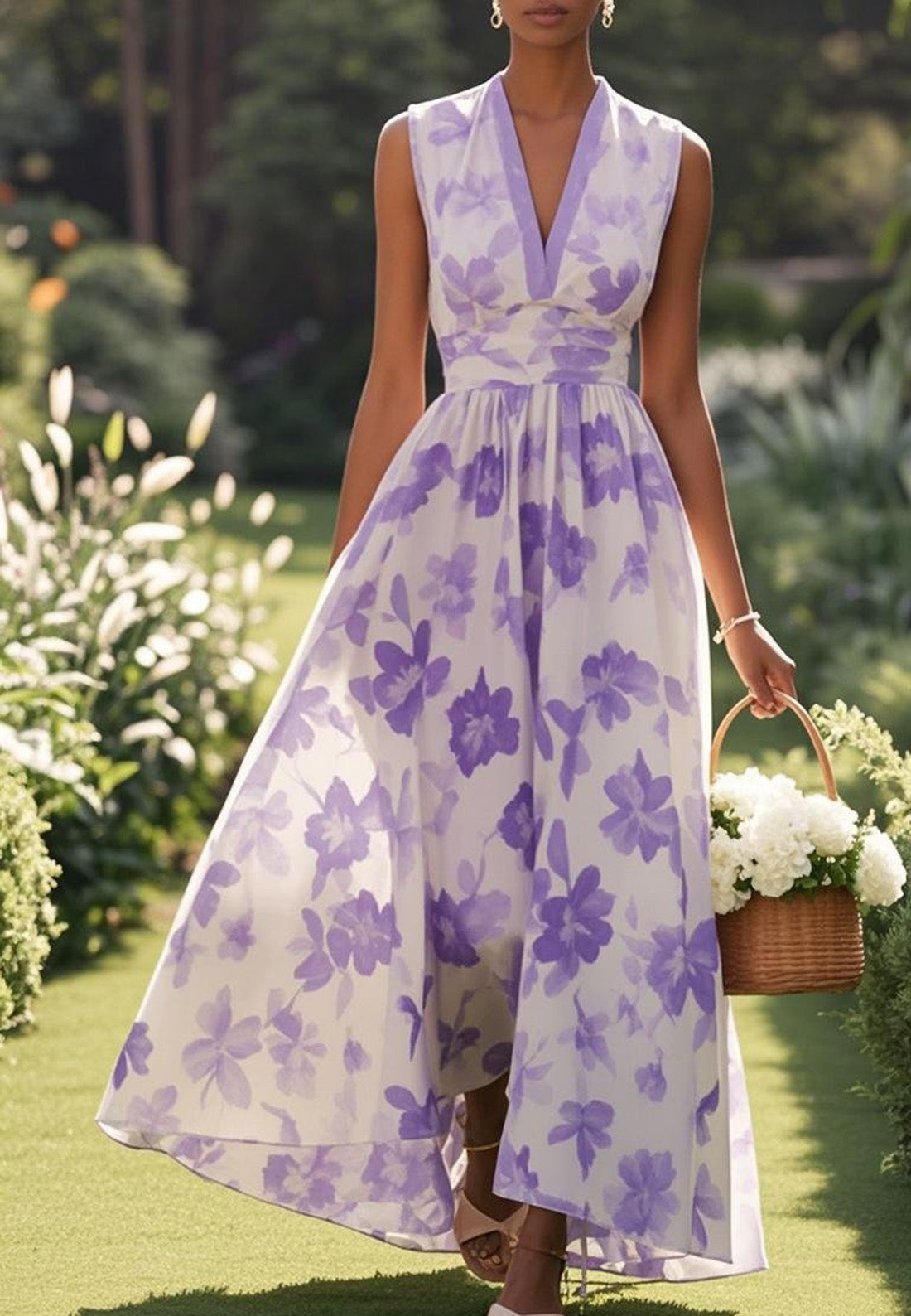 Lavender Purple Floral Chiffon V Neck Sleeveless A-Line Maxi Dress