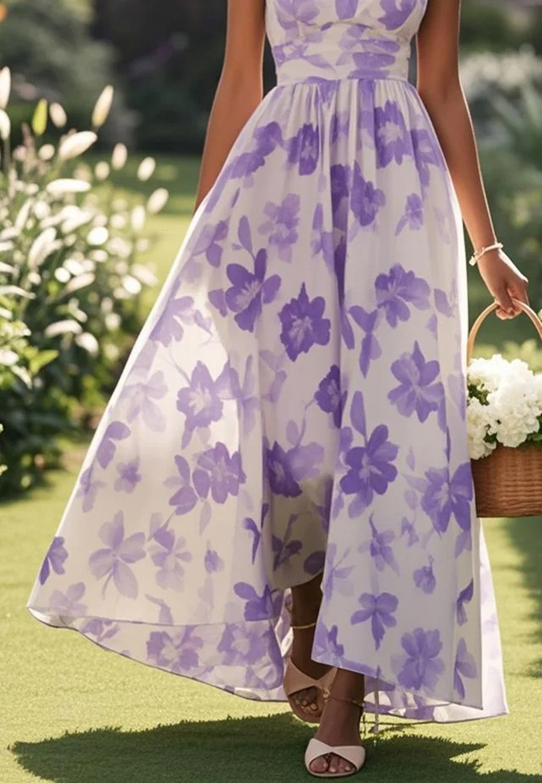 Lavender Purple Floral Chiffon V Neck Sleeveless A-Line Maxi Dress