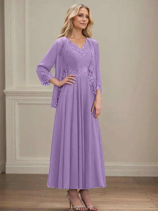A-line V-Neck Ankle-Length Chiffon Mother of the Bride Dress With Sequins Appliques Lace Beading