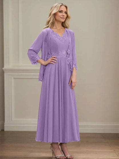 A-line V-Neck Ankle-Length Chiffon Mother of the Bride Dress With Sequins Appliques Lace Beading