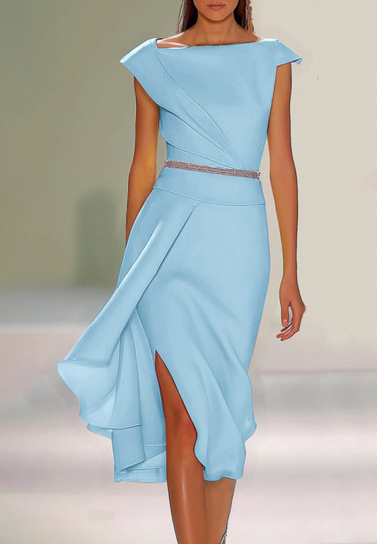 Light Blue  Asymmetrical Neck Cap Sleeve Rhinestone A-Line Midi Dress