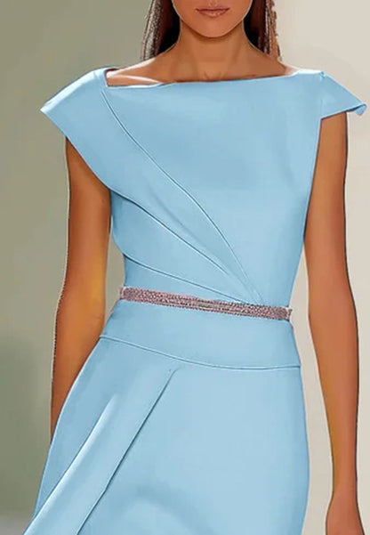 Light Blue  Asymmetrical Neck Cap Sleeve Rhinestone A-Line Midi Dress