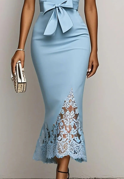 Light Blue Bow Lace Sweetheart Neckline Mermaid Maxi Dress