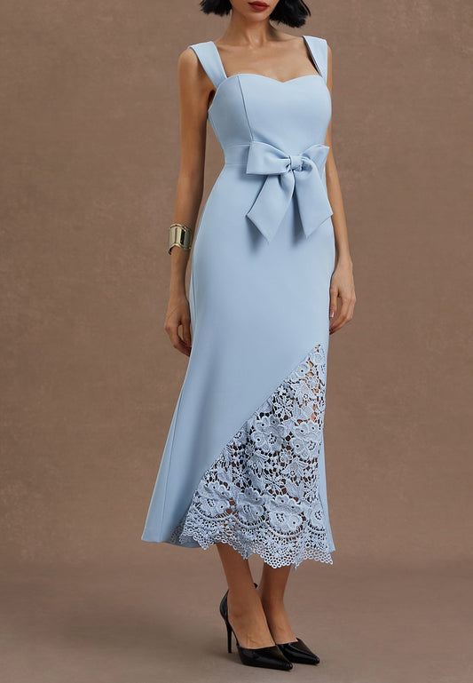 Light Blue Bow Lace Sweetheart Neckline Sleeveless Mermaid Midi Dress